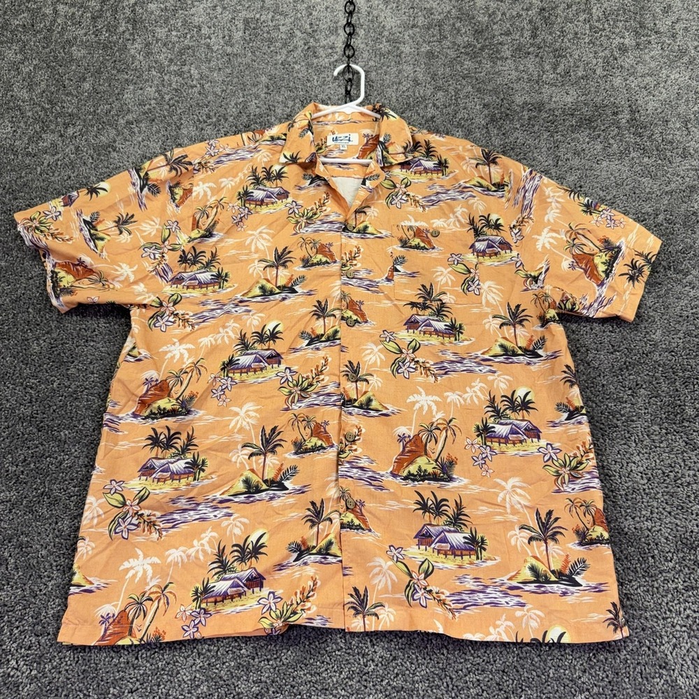 Uzzi Shirt Mens XL Orange Hawaiian Short Sleeve Button Up Cat Tropical Beach